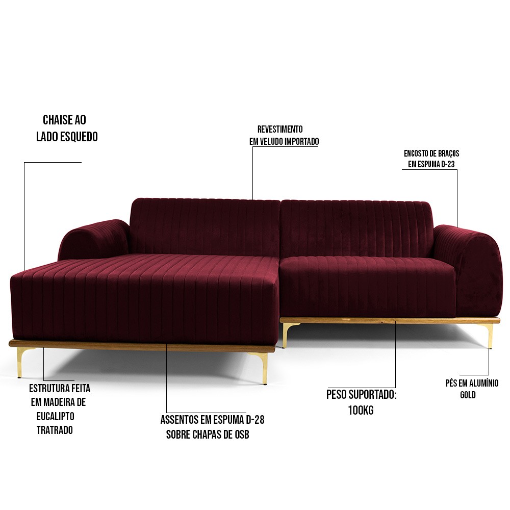 Sofá 5 Lugares com Chaise Esquerdo Para Sala Molino 320cm D02 Veludo Marsala B-278 - Lyam Decor