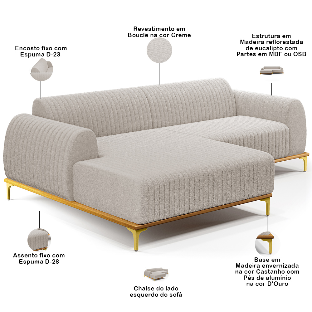 Sofá 5 Lugares com Chaise Esquerdo Para Sala de Estar Molino 300cm D02 Base Castanho Pés D'ouro Bouclê Creme C-54 - Lyam Decor