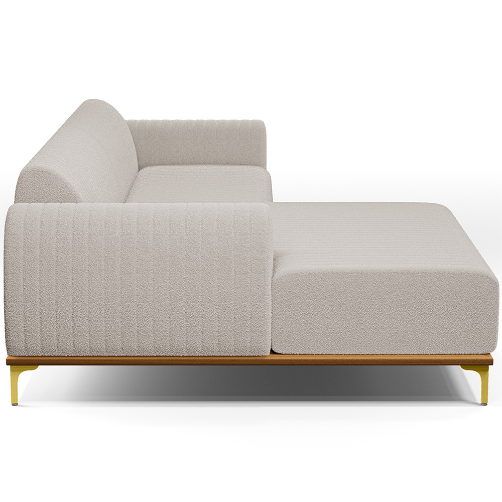 Sofá 5 Lugares com Chaise Esquerdo Para Sala de Estar Molino 300cm D02 Base Castanho Pés D'ouro Bouclê Creme C-54 - Lyam Decor