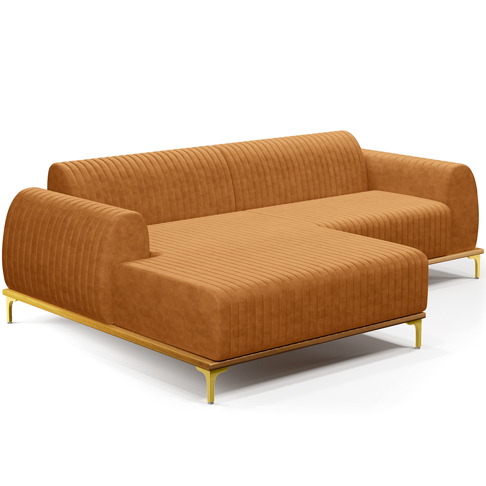 Sofá 5 Lugares com Chaise Esquerdo Para Sala de Estar Molino 300cm D02 Base Castanho Pés D'ouro Couríssimo Whisky B-90 - Lyam Decor
