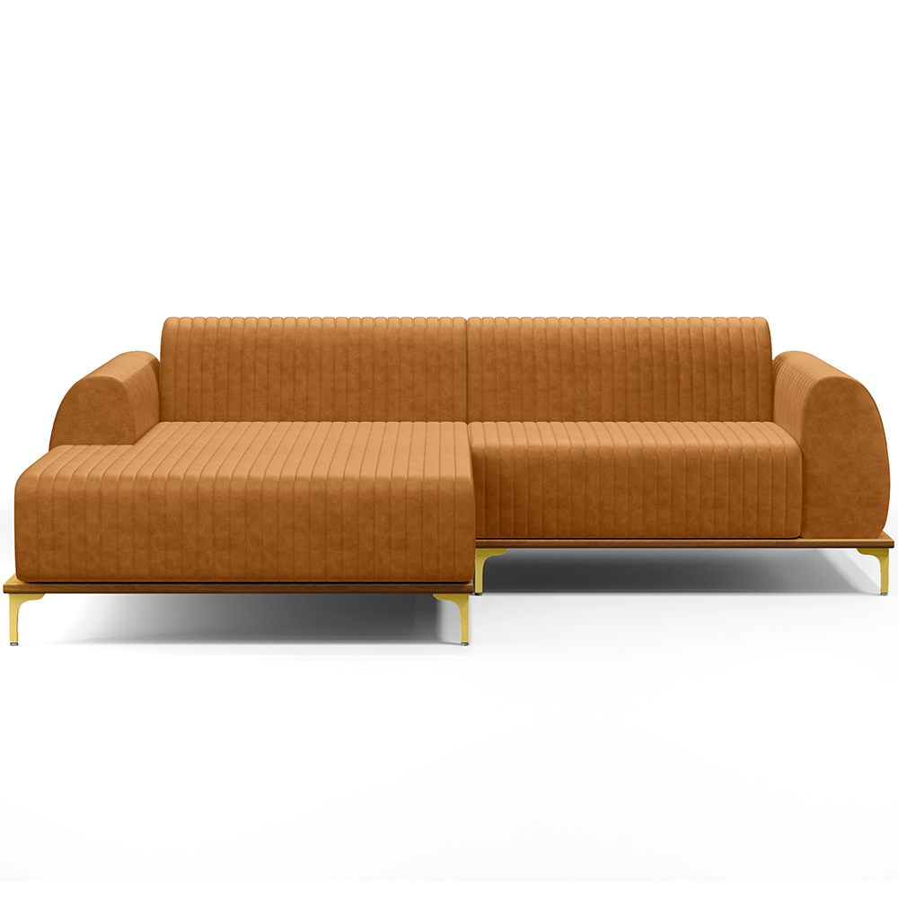 Sofá 5 Lugares com Chaise Esquerdo Para Sala de Estar Molino 300cm D02 Base Castanho Pés D'ouro Couríssimo Whisky B-90 - Lyam Decor