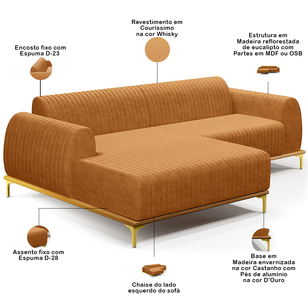 Sofá 5 Lugares com Chaise Esquerdo Para Sala de Estar Molino 300cm D02 Base Castanho Pés D'ouro Couríssimo Whisky B-90 - Lyam Decor