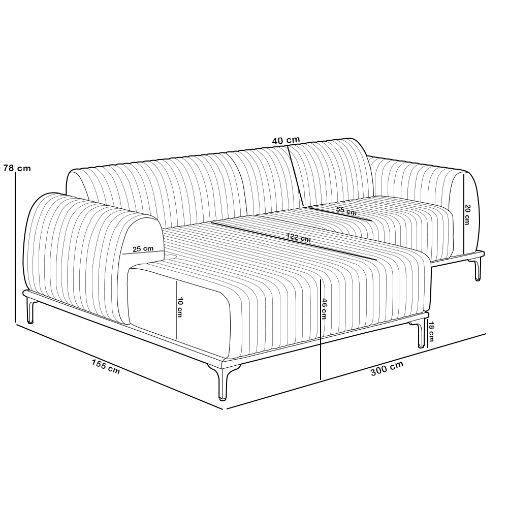 Sofá 5 Lugares com Chaise Esquerdo Para Sala de Estar Molino 300cm D02 Base Castanho Pés D'ouro Couríssimo Whisky B-90 - Lyam Decor