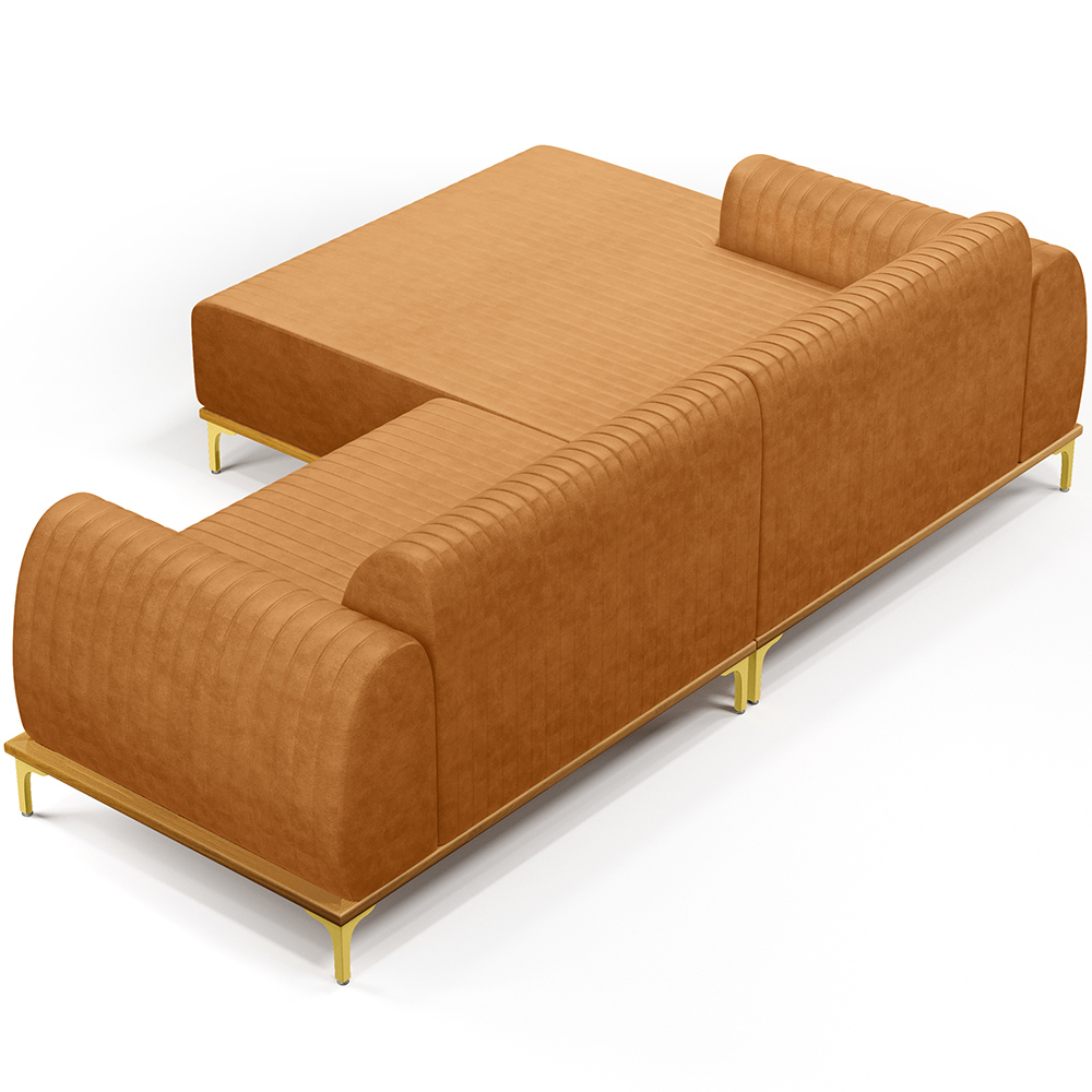 Sofá 5 Lugares com Chaise Esquerdo Para Sala de Estar Molino 300cm D02 Base Castanho Pés D'ouro Couríssimo Whisky B-90 - Lyam Decor