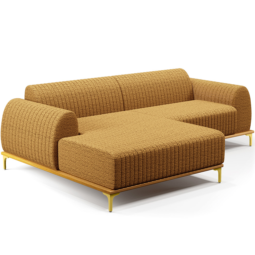 Sofá 5 Lugares com Chaise Esquerdo Para Sala de Estar Molino 300cm D02 Base Castanho Pés D'ouro Prime Bouclê Mostarda PB-03 - Lyam Decor