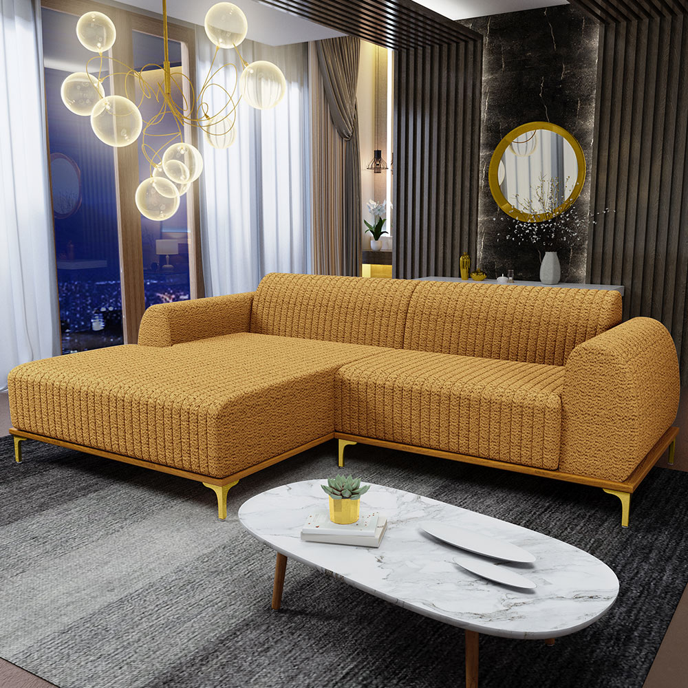 Sofá 5 Lugares com Chaise Esquerdo Para Sala de Estar Molino 300cm D02 Base Castanho Pés D'ouro Prime Bouclê Mostarda PB-03 - Lyam Decor