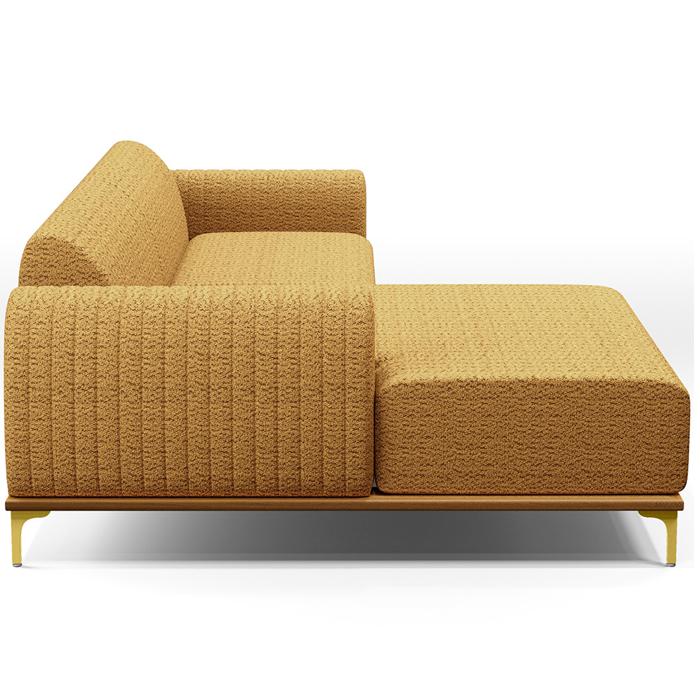 Sofá 5 Lugares com Chaise Esquerdo Para Sala de Estar Molino 300cm D02 Base Castanho Pés D'ouro Prime Bouclê Mostarda PB-03 - Lyam Decor