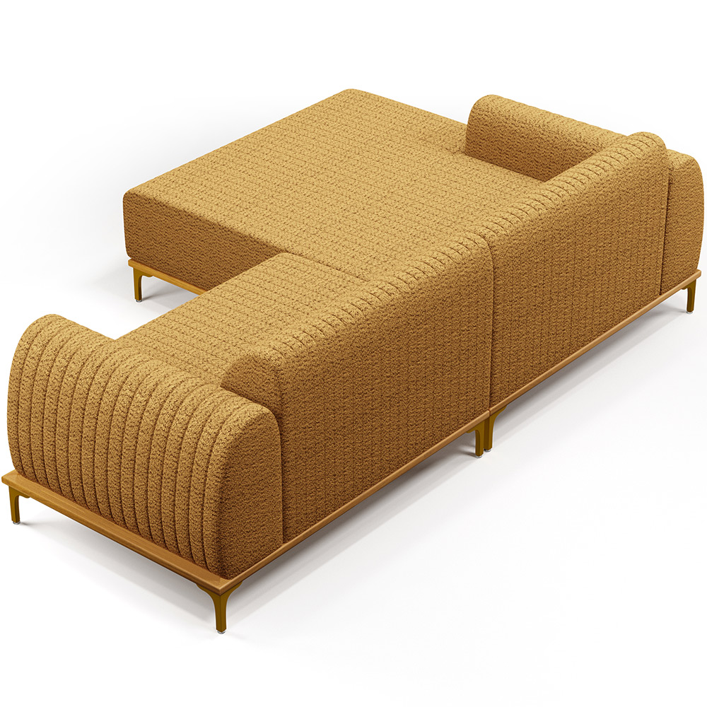 Sofá 5 Lugares com Chaise Esquerdo Para Sala de Estar Molino 300cm D02 Base Castanho Pés D'ouro Prime Bouclê Mostarda PB-03 - Lyam Decor