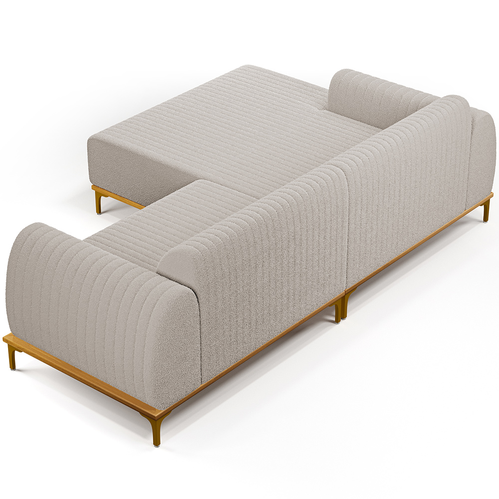 Sofá 5 Lugares com Chaise Esquerdo Para Sala de Estar Molino 350cm D02 Base Castanho Pés D'ouro Bouclê Creme C-54 - Lyam Decor
