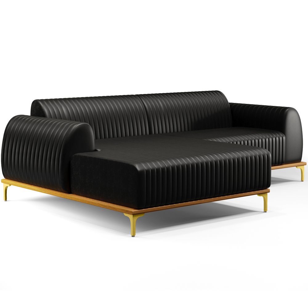 Sofá 5 Lugares com Chaise Esquerdo Sala Estar Molino 300cm D02 Couríssimo Preto B-159 - Lyam Decor