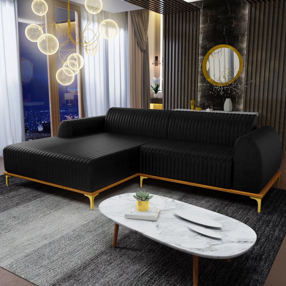 Sofá 5 Lugares com Chaise Esquerdo Sala Estar Molino 300cm D02 Couríssimo Preto B-159 - Lyam Decor
