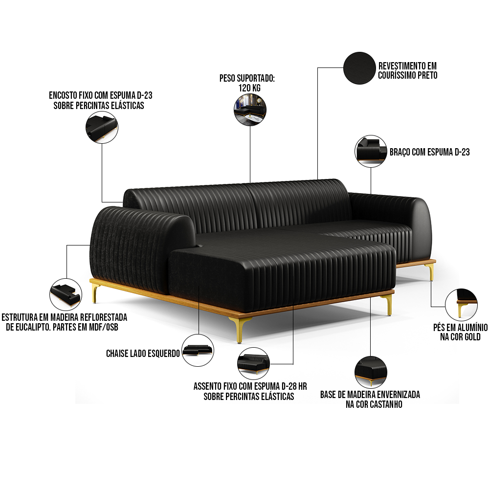 Sofá 5 Lugares com Chaise Esquerdo Sala Estar Molino 300cm D02 Couríssimo Preto B-159 - Lyam Decor