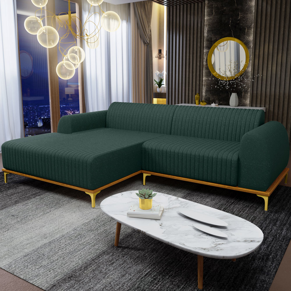 Sofá 5 Lugares com Chaise Esquerdo Sala Estar Molino 300cm D02 Linho Verde Musgo C-117 - Lyam Decor