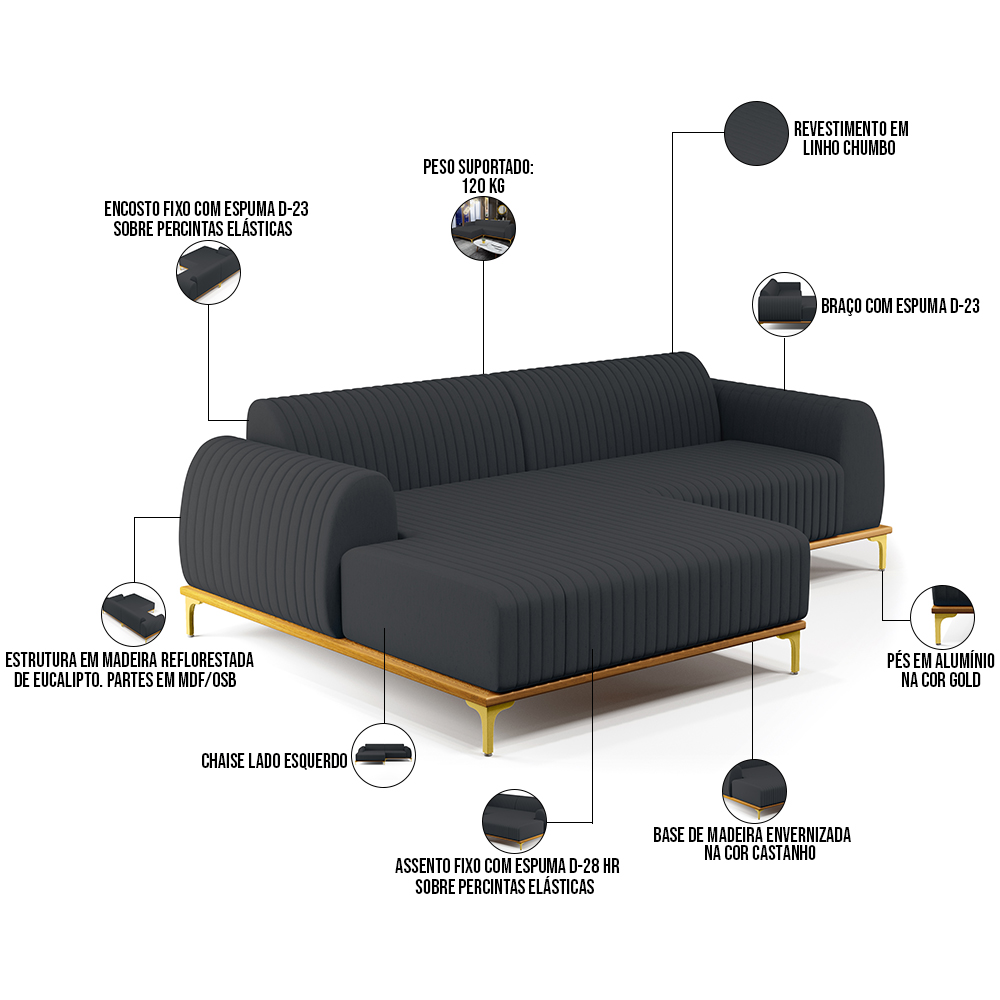 Sofá 5 Lugares com Chaise Esquerdo Sala de Estar Molino 300cm D02 Linho Chumbo D-465 - Lyam Decor