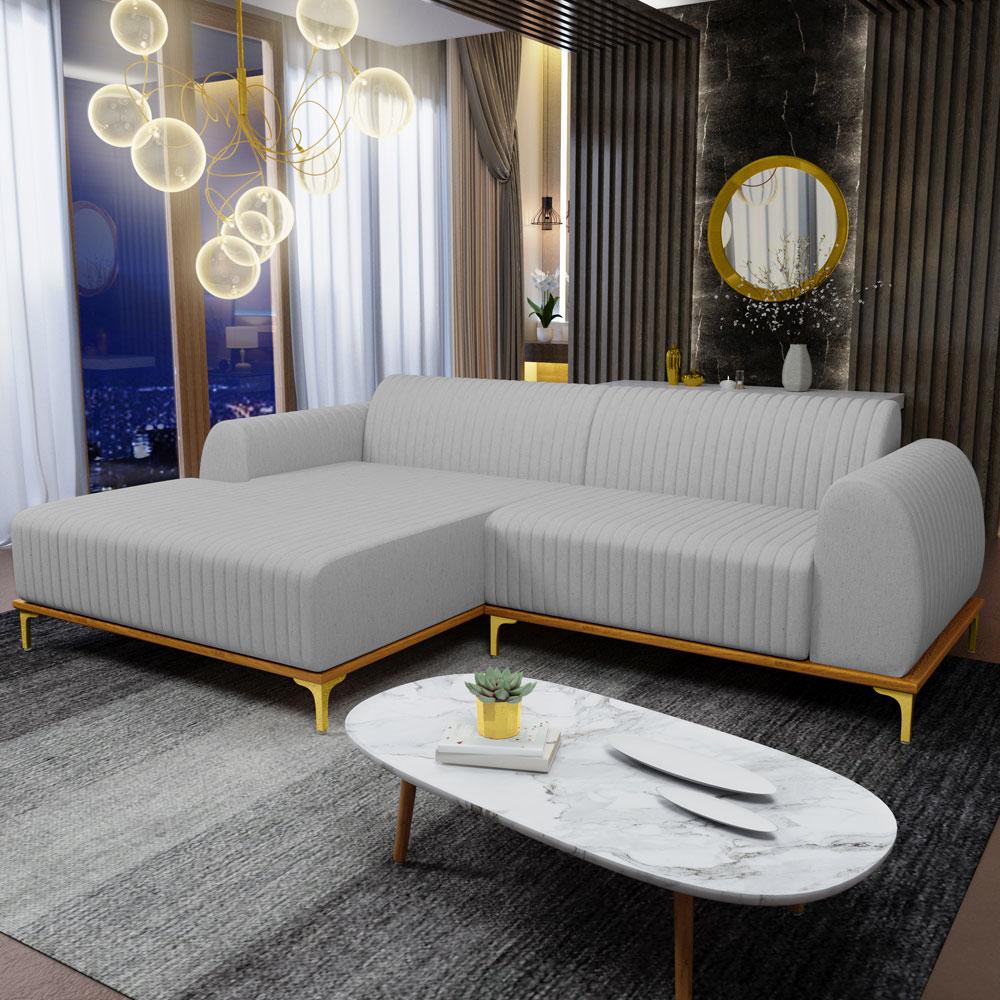 Sofá 5 Lugares com Chaise Esquerdo Sala de Estar Molino 300cm D02 Linho Cinza D-315 - Lyam Decor
