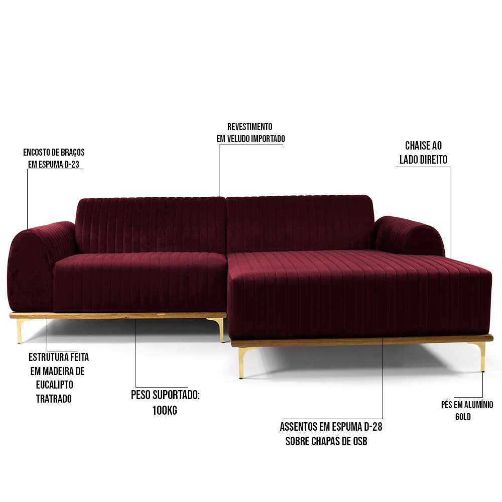 Sofá 6 Lugares com Chaise Direito Para Sala Molino 350 cm D02 Veludo Marsala B-278 - Lyam Decor