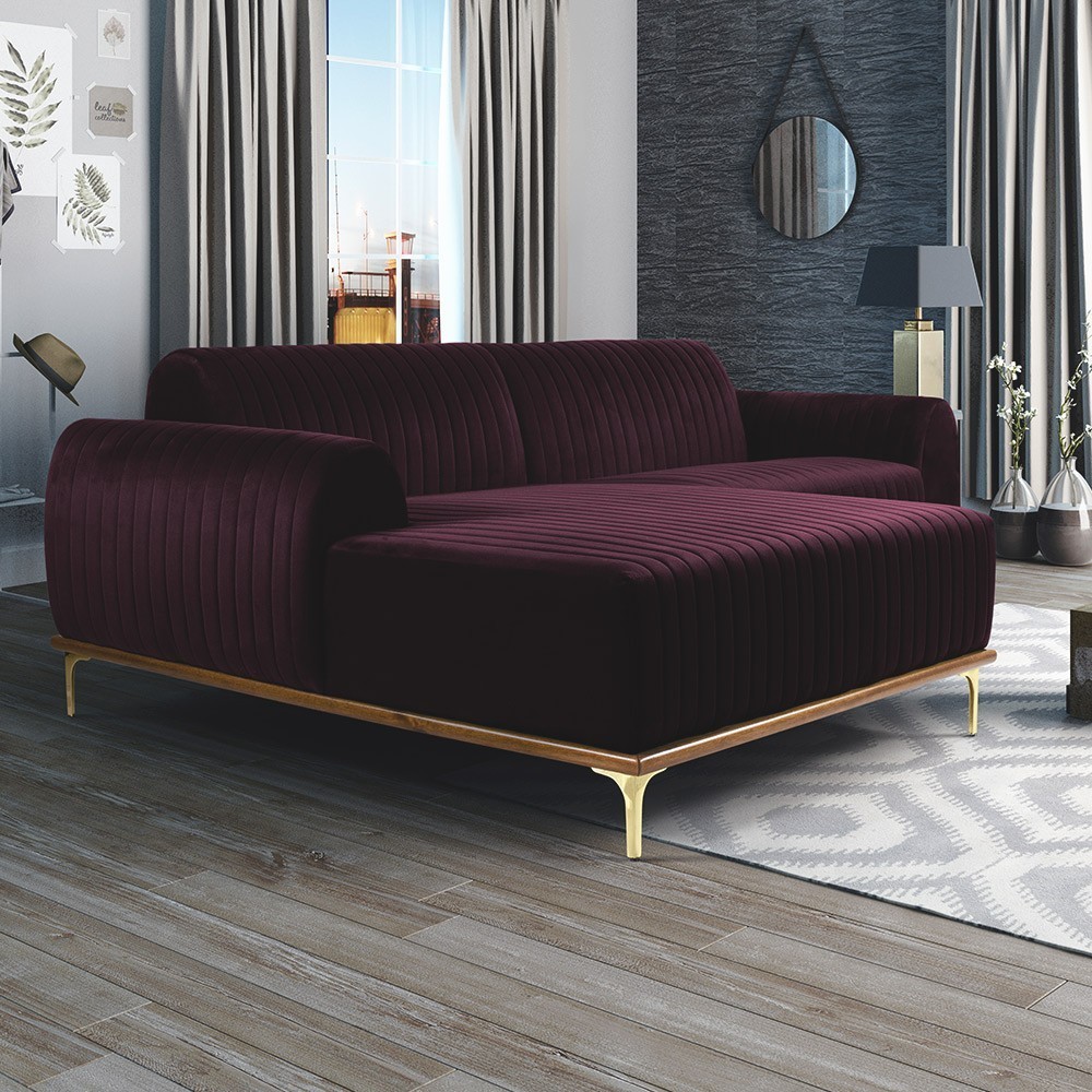 Sofá 6 Lugares com Chaise Esquerdo Para Sala Molino 350cm D02 Veludo Roxo Grape B-292 - Lyam Decor