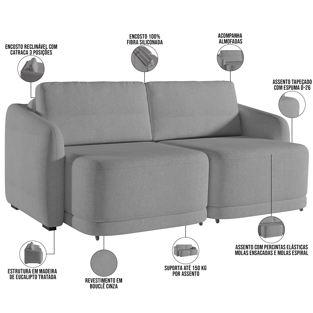 Sofá Cama para Sala de Estar 2 Lugares 176cm Montserrat K01 Bouclê Cinza - Lyam Decor