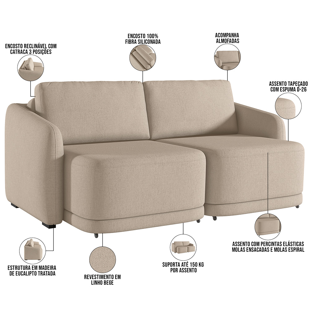 Sofá Cama para Sala de Estar 2 Lugares 176cm Montserrat K01 Linho Bege - Lyam Decor