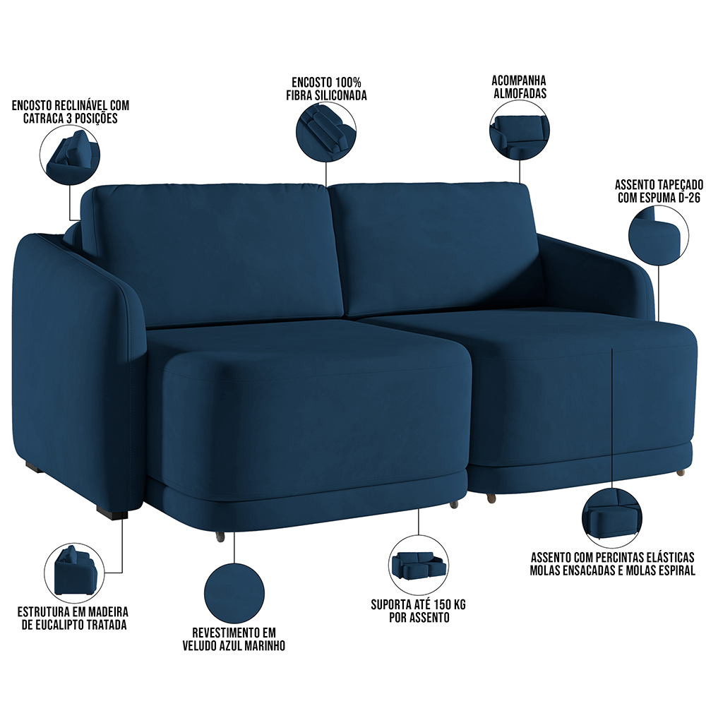 Sofá Cama para Sala de Estar 2 Lugares 176cm Montserrat K01 Veludo Azul Marinho - Lyam Decor