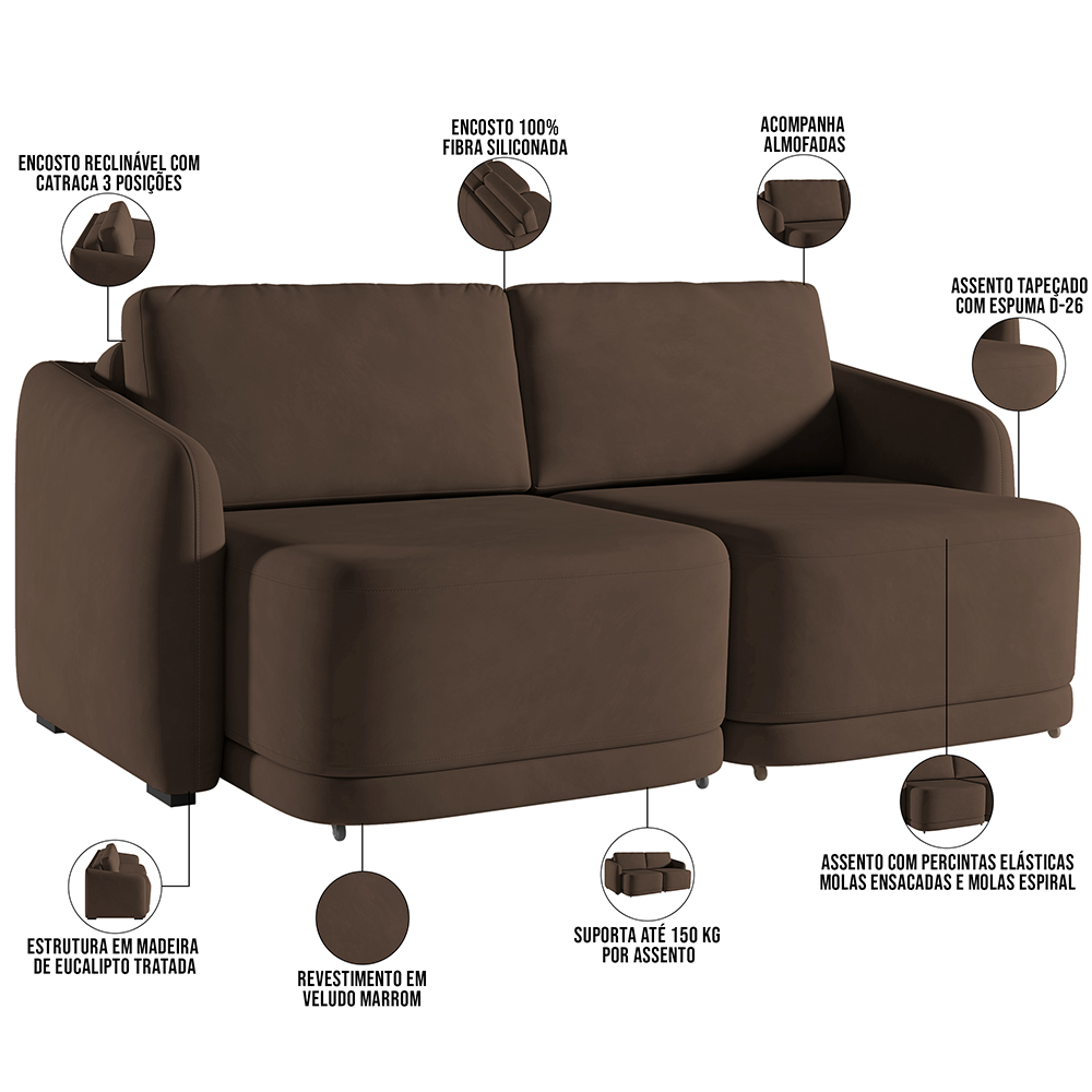 Sofá Cama para Sala de Estar 2 Lugares 176cm Montserrat K01 Veludo Marrom - Lyam Decor