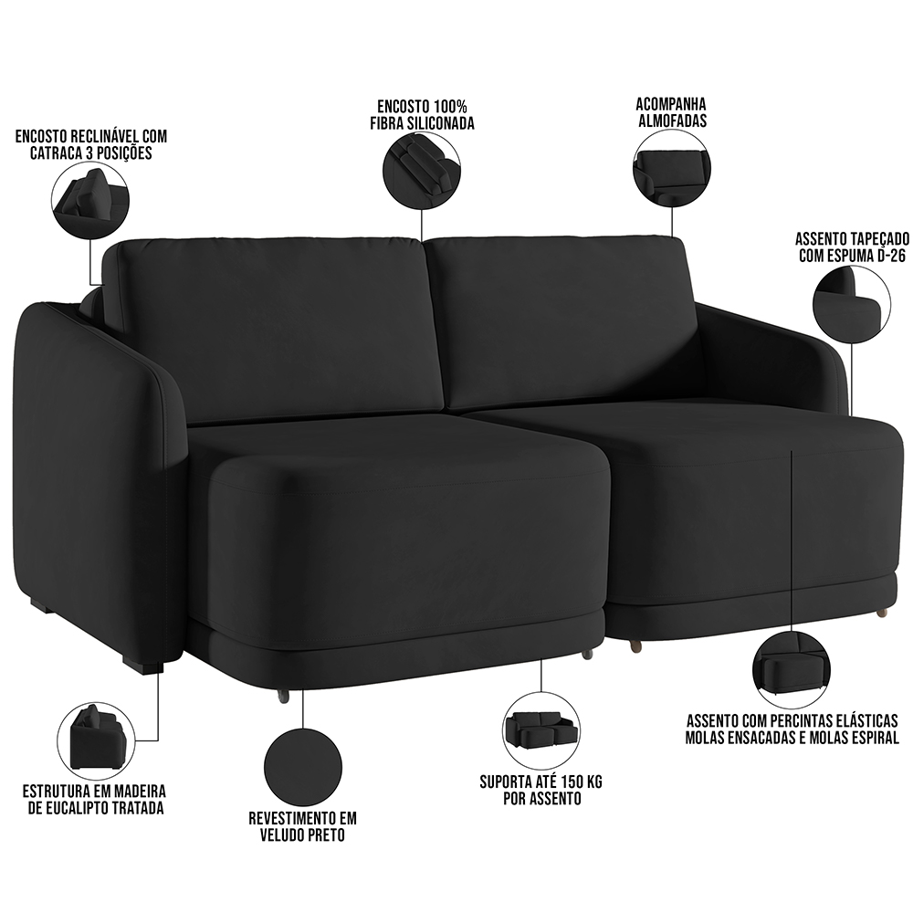 Sofá Cama para Sala de Estar 2 Lugares 176cm Montserrat K01 Veludo Preto - Lyam Decor