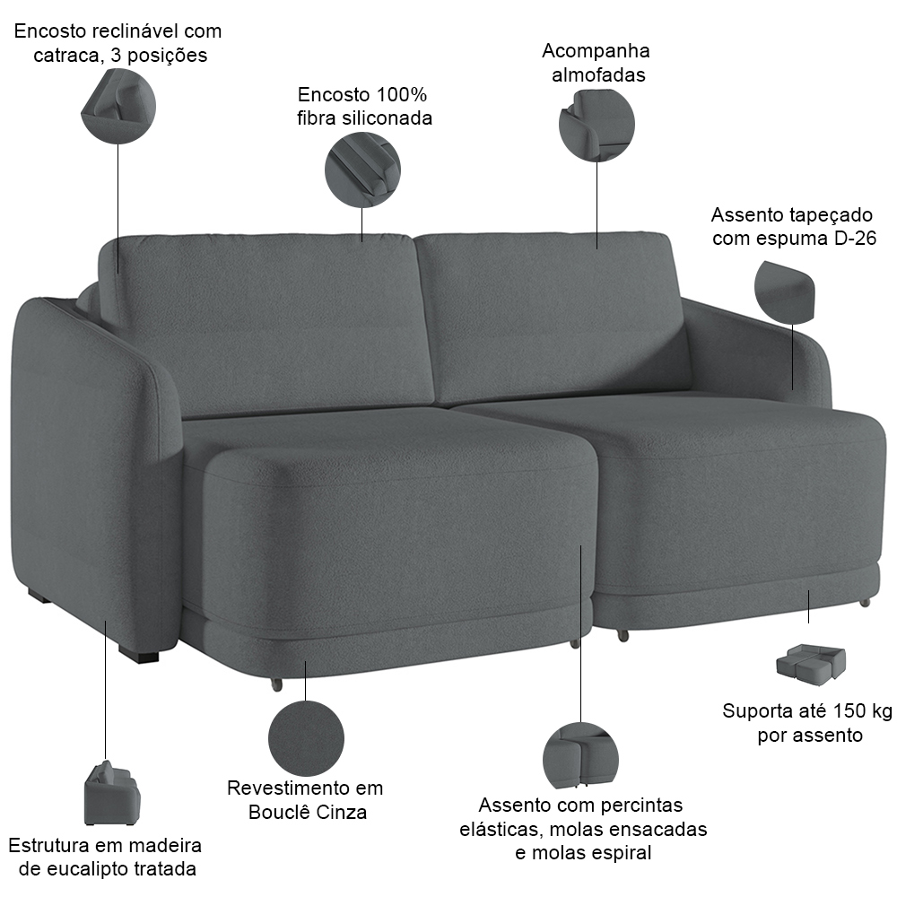 Sofá Cama para Sala de Estar 2 Lugares 196cm Montserrat K01 Bouclê Cinza - Lyam Decor