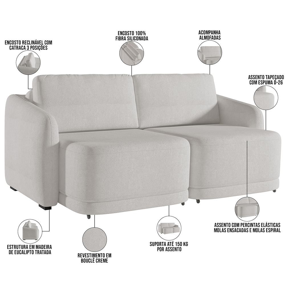Sofá Cama para Sala de Estar 2 Lugares 196cm Montserrat K01 Bouclê Creme - Lyam Decor