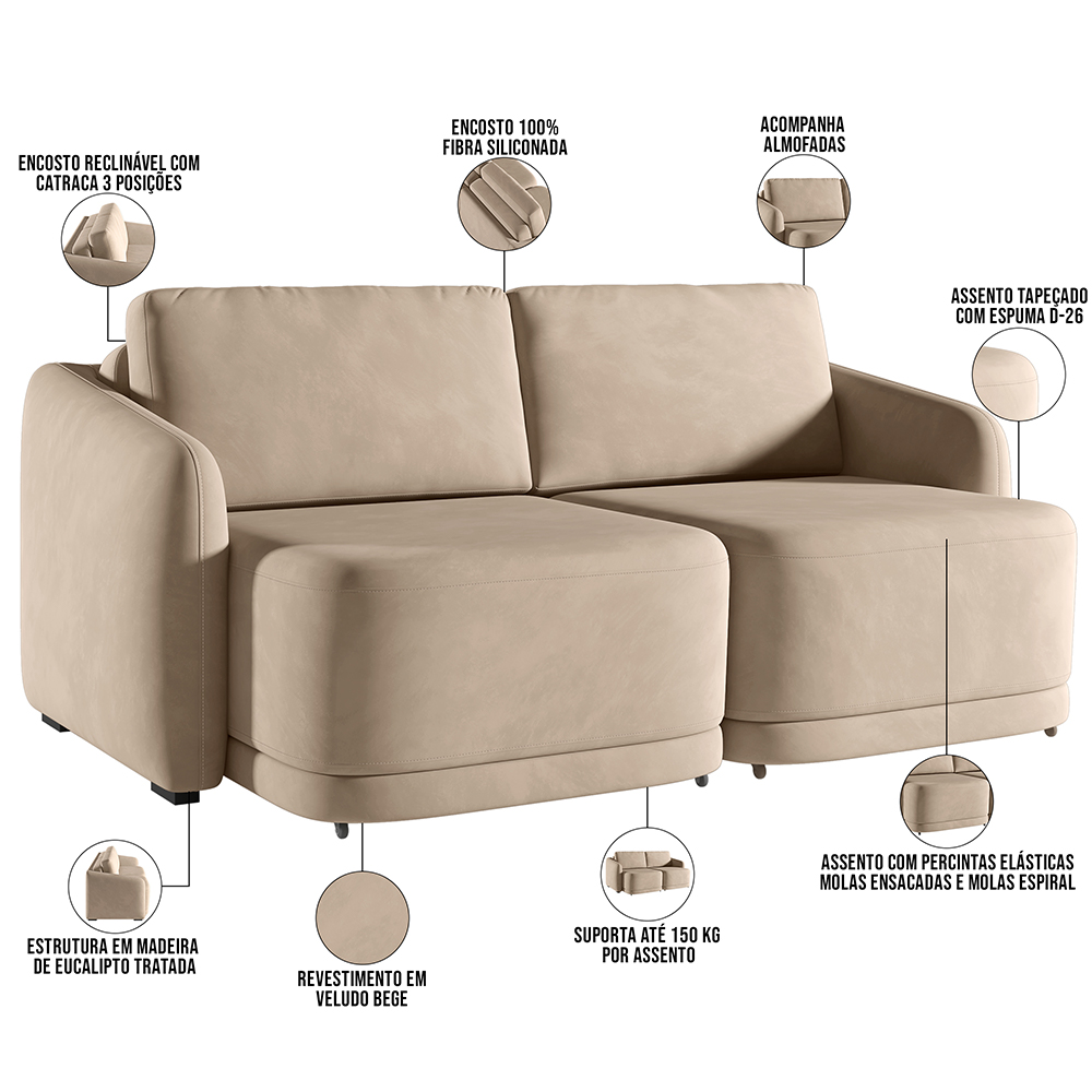 Sofá Cama para Sala de Estar 2 Lugares 196cm Montserrat K01 Veludo Bege - Lyam Decor