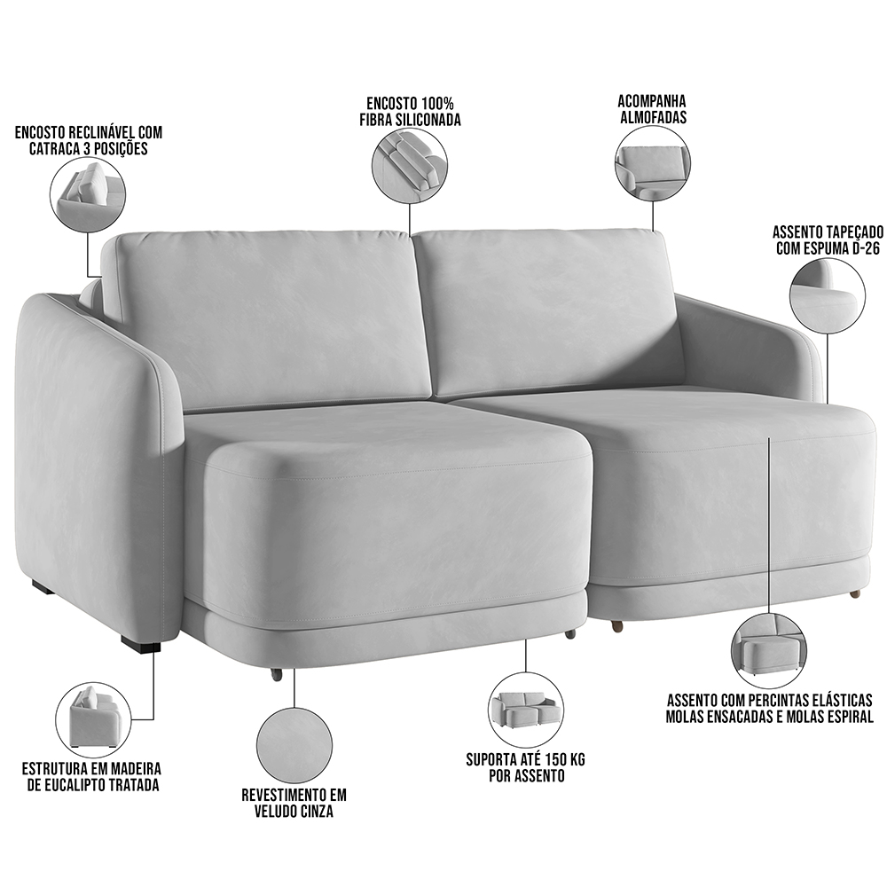Sofá Cama para Sala de Estar 2 Lugares 196cm Montserrat K01 Veludo Cinza - Lyam Decor