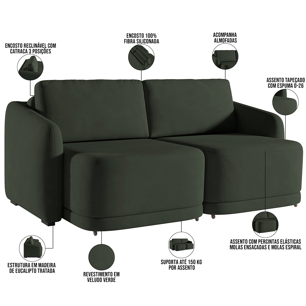 Sofá Cama para Sala de Estar 2 Lugares 196cm Montserrat K01 Veludo Verde - Lyam Decor