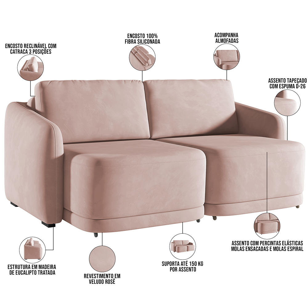 Sofá Cama para Sala de Estar 2 Lugares 216cm Montserrat K01 Veludo Rosê - Lyam Decor