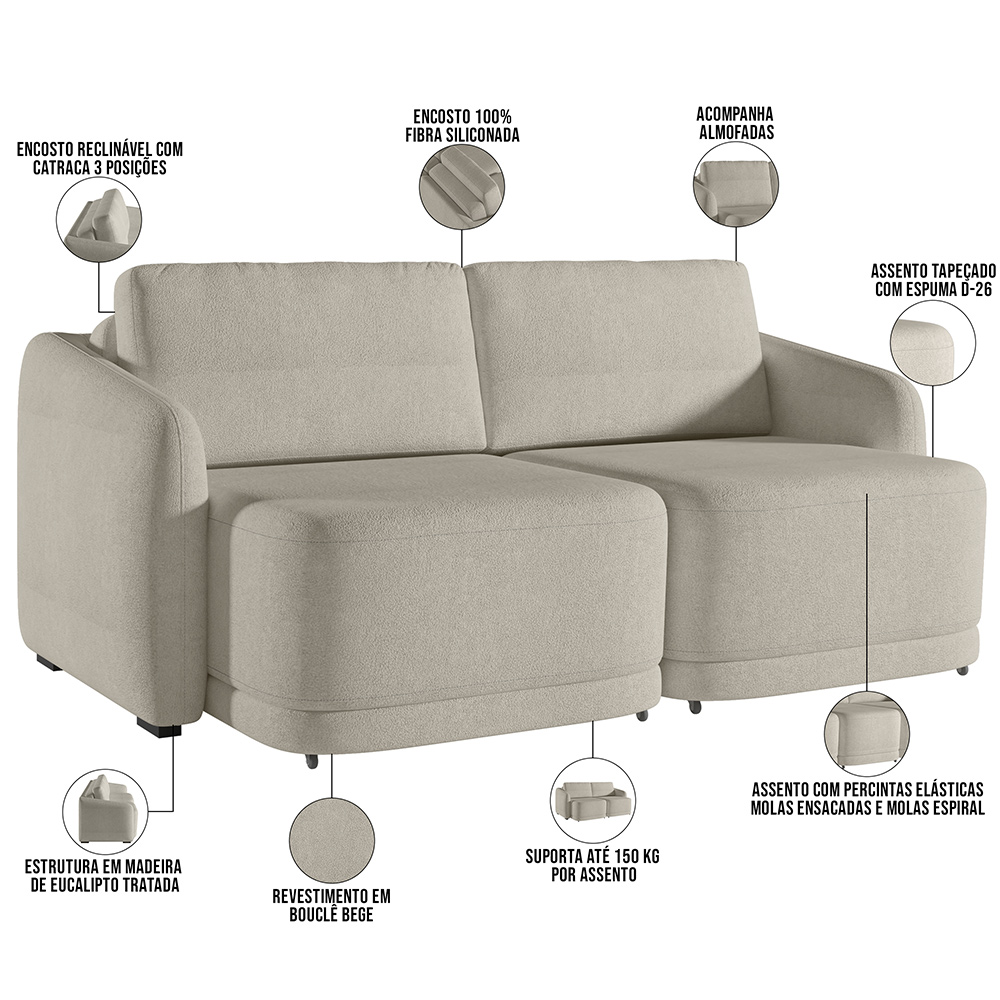 Sofá Cama para Sala de Estar 3 Lugares 236cm Montserrat K01 Bouclê Bege - Lyam Decor