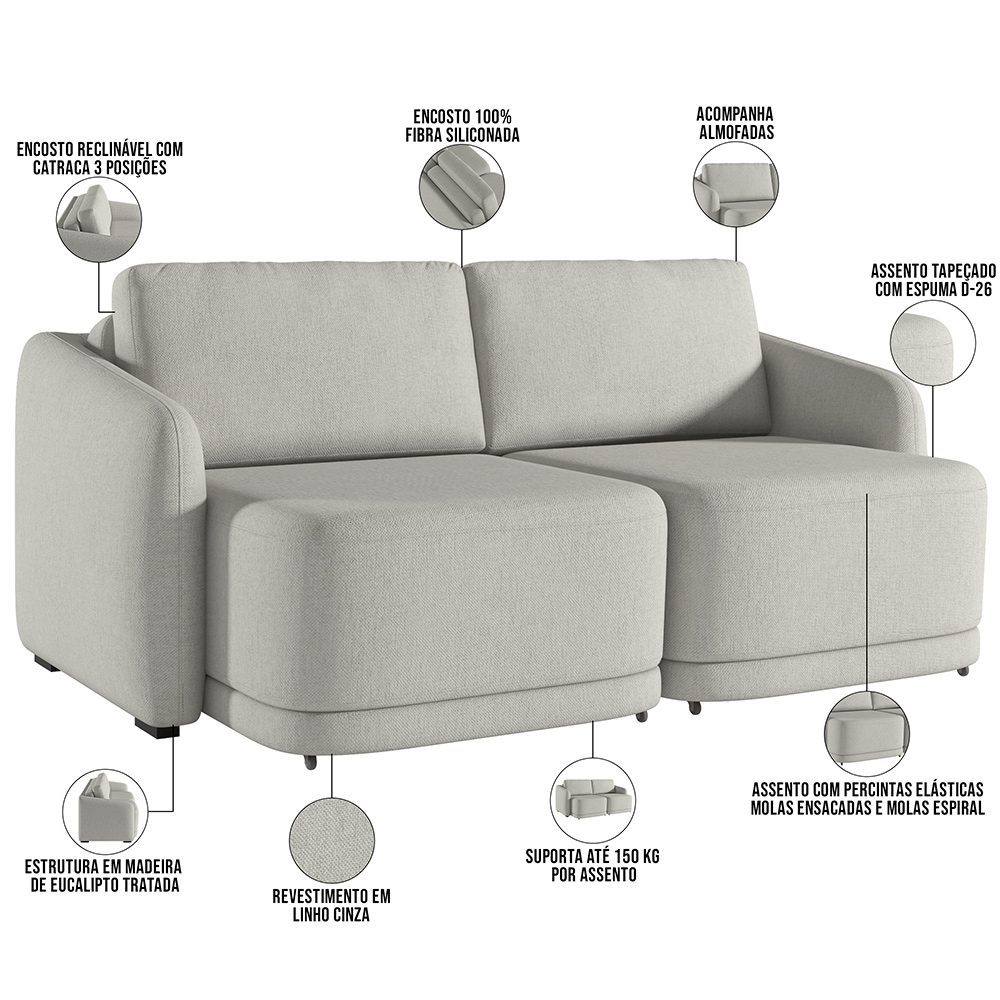 Sofá Cama para Sala de Estar 3 Lugares 236cm Montserrat K01 Linho Cinza - Lyam Decor