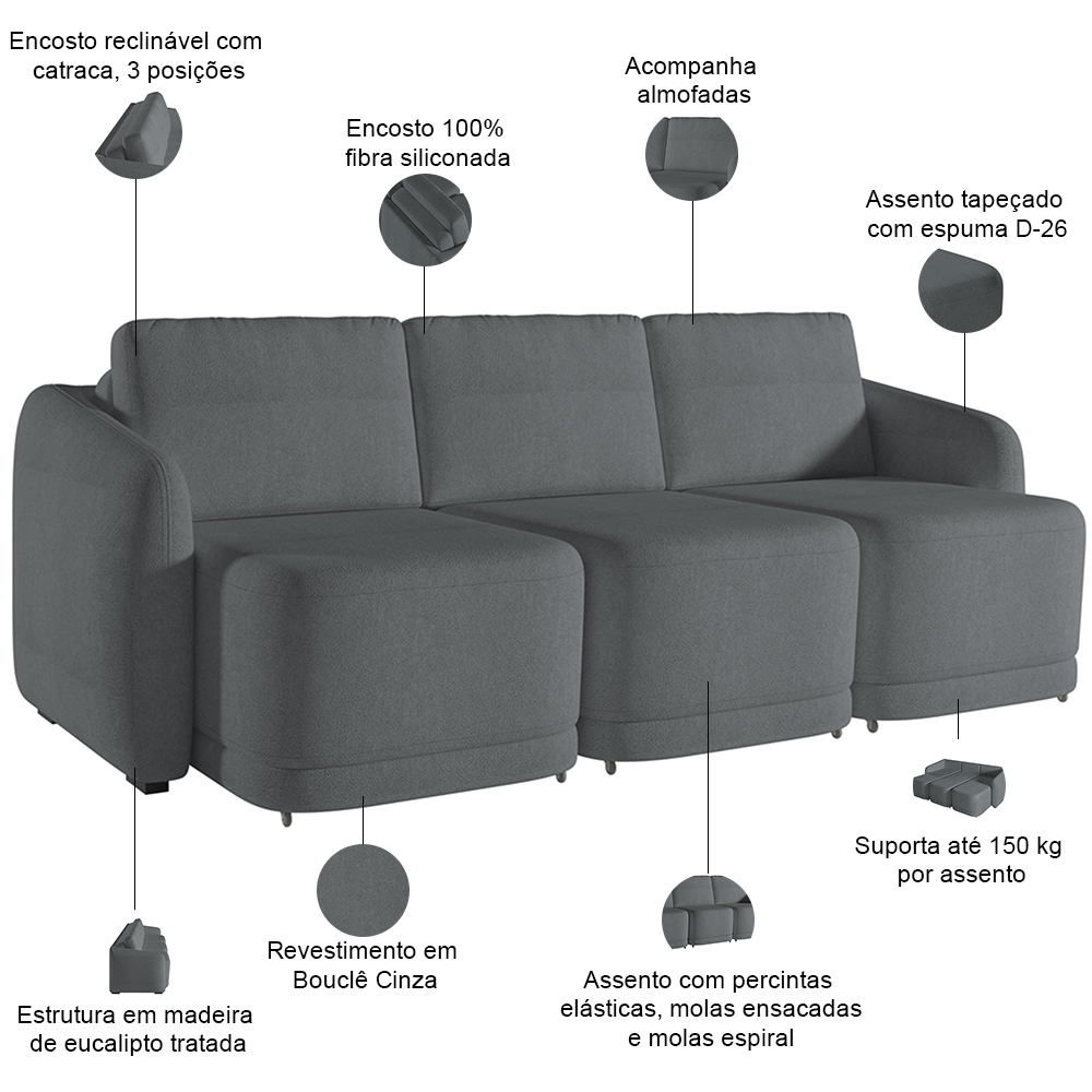 Sofá Cama para Sala de Estar 3 Lugares 246cm Montserrat K01 Bouclê Cinza - Lyam Decor
