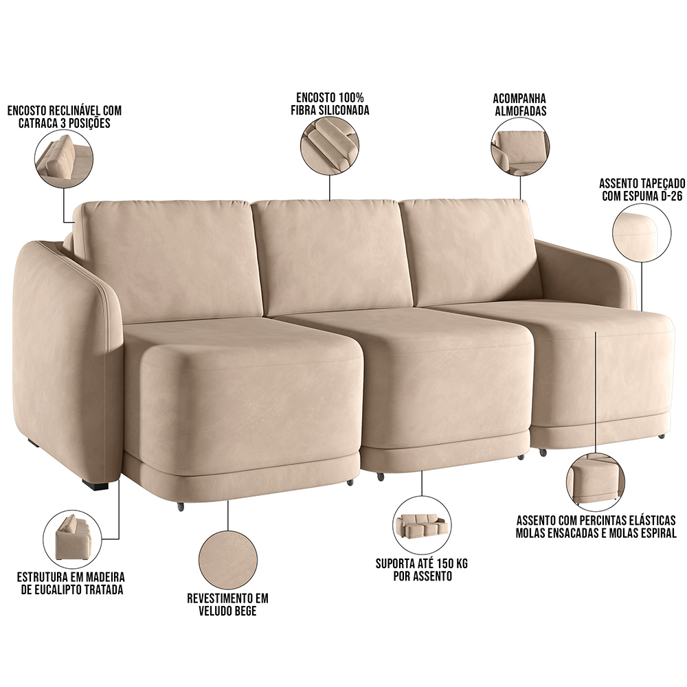 Sofá Cama para Sala de Estar 3 Lugares 246cm Montserrat K01 Veludo Bege - Lyam Decor