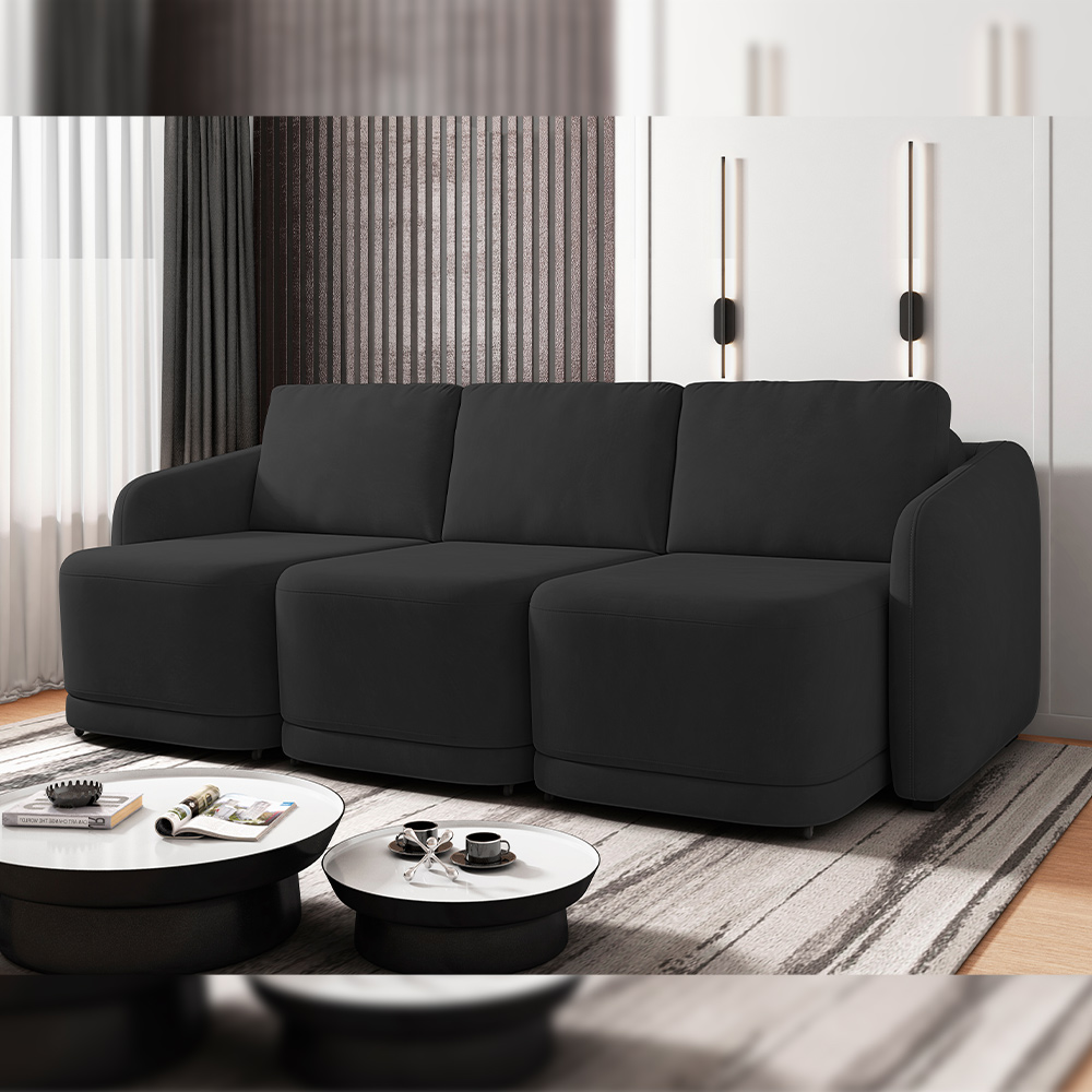 Sofá Cama para Sala de Estar 3 Lugares 246cm Montserrat K01 Veludo Preto - Lyam Decor