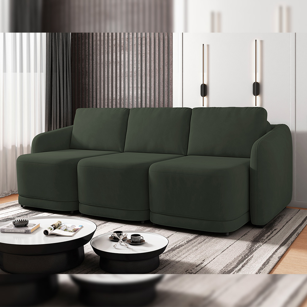 Sofá Cama para Sala de Estar 3 Lugares 246cm Montserrat K01 Veludo Verde - Lyam Decor