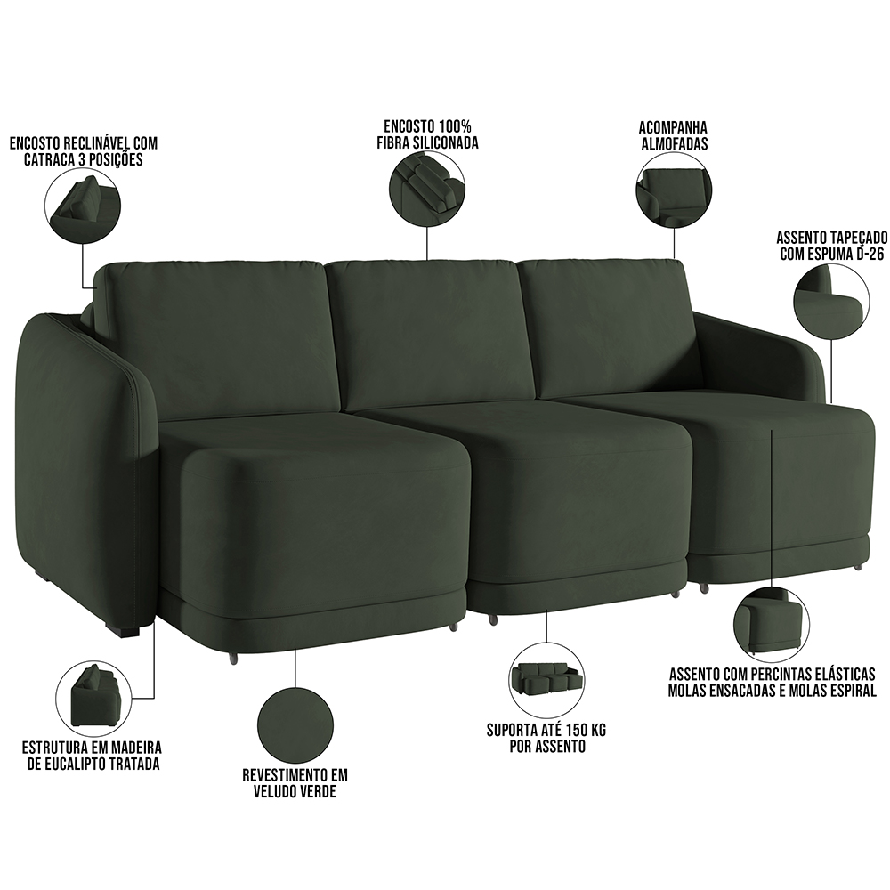 Sofá Cama para Sala de Estar 3 Lugares 246cm Montserrat K01 Veludo Verde - Lyam Decor