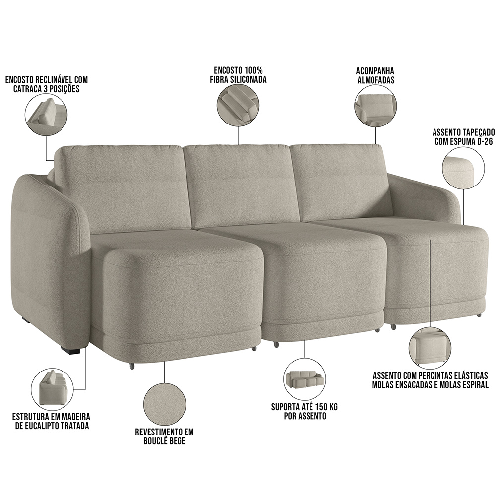 Sofá Cama para Sala de Estar 3 Lugares 276cm Montserrat K01 Bouclê Bege - Lyam Decor