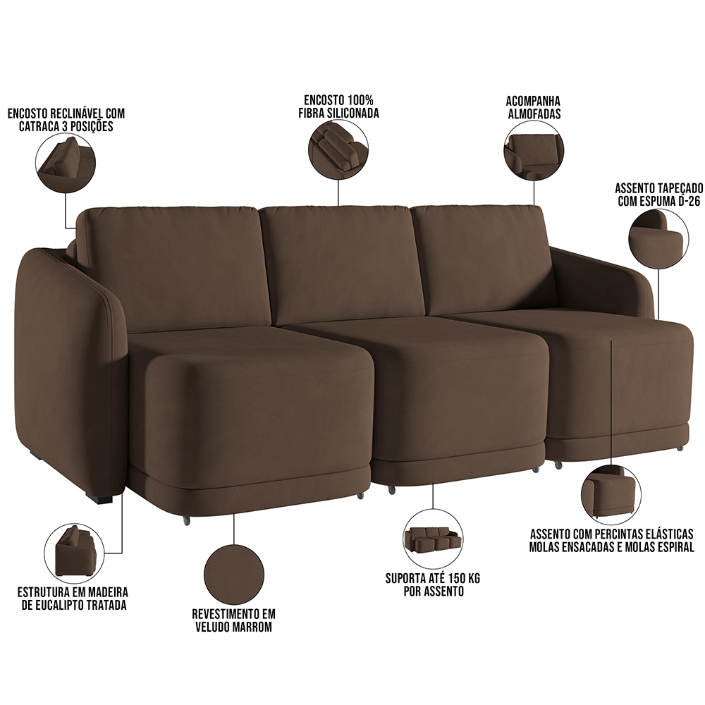 Sofá Cama para Sala de Estar 3 Lugares 276cm Montserrat K01 Veludo Marrom - Lyam Decor