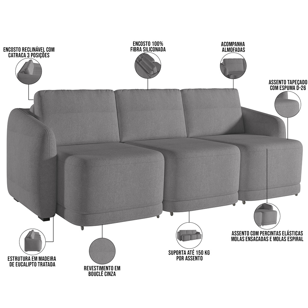 Sofá Cama para Sala de Estar 3 Lugares 306cm Montserrat K01 Bouclê Cinza - Lyam Decor