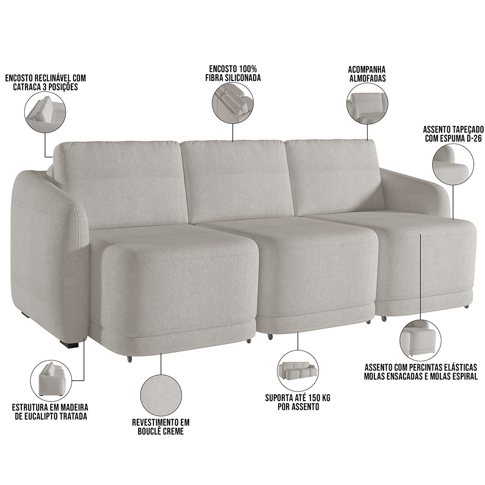Sofá Cama para Sala de Estar 3 Lugares 306cm Montserrat K01 Bouclê Creme - Lyam Decor