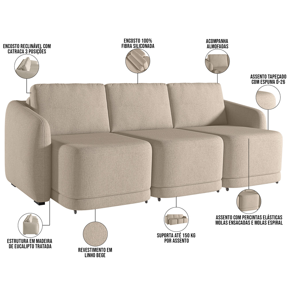 Sofá Cama para Sala de Estar 3 Lugares 306cm Montserrat K01 Linho Bege - Lyam Decor