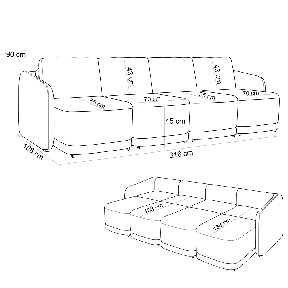 Sofá Cama para Sala de Estar 4 Lugares 316cm Montserrat K01 Veludo Cinza - Lyam Decor