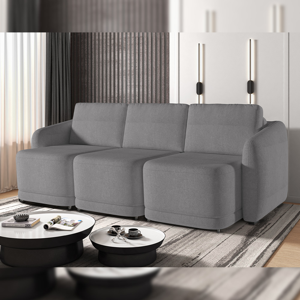 Sofá Cama para Sala de Estar 4 Lugares 336cm Montserrat K01 Bouclê Cinza - Lyam Decor