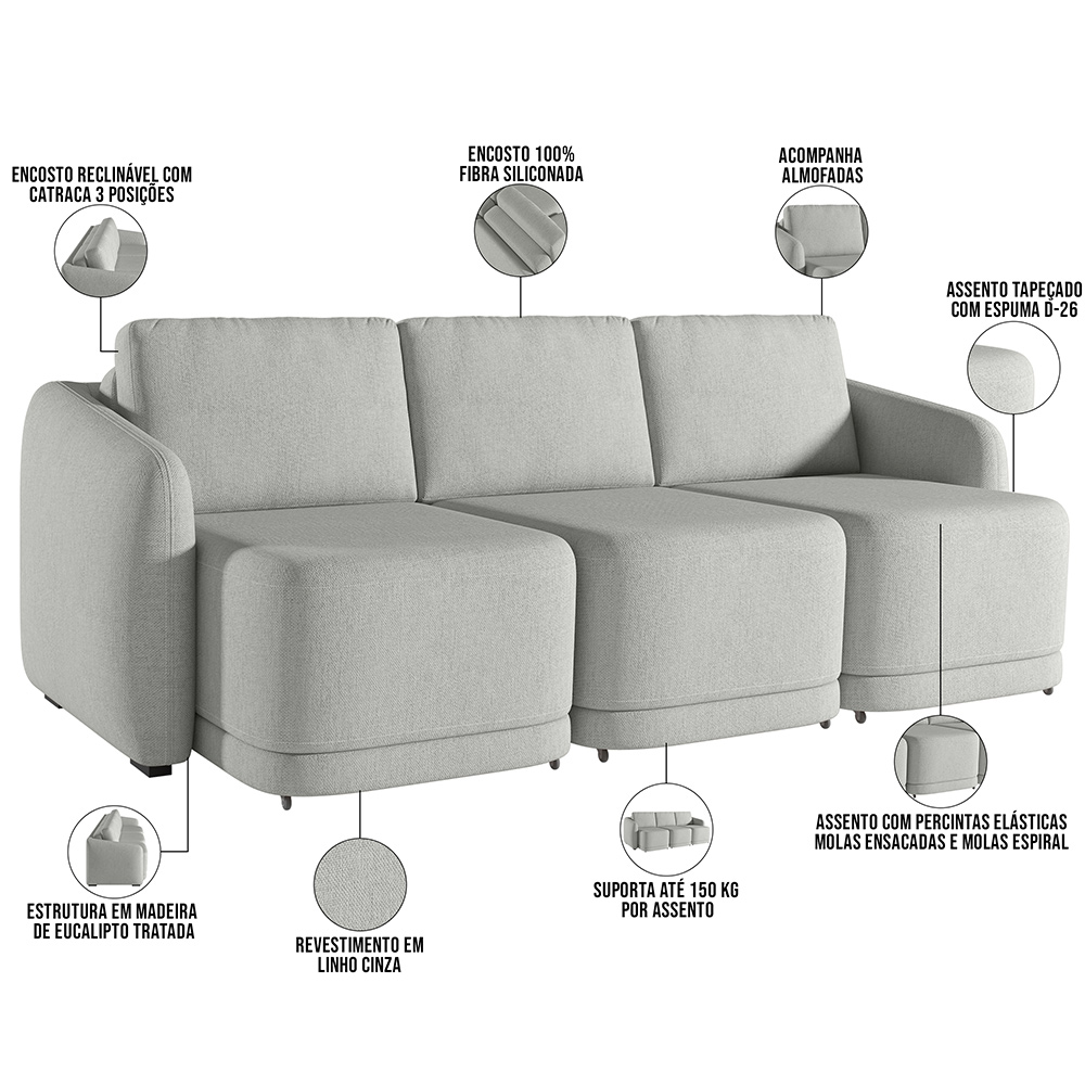 Sofá Cama para Sala de Estar 4 Lugares 336cm Montserrat K01 Linho Cinza - Lyam Decor