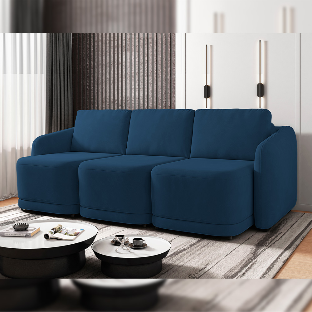 Sofá Cama para Sala de Estar 4 Lugares 336cm Montserrat K01 Veludo Azul Marinho - Lyam Decor