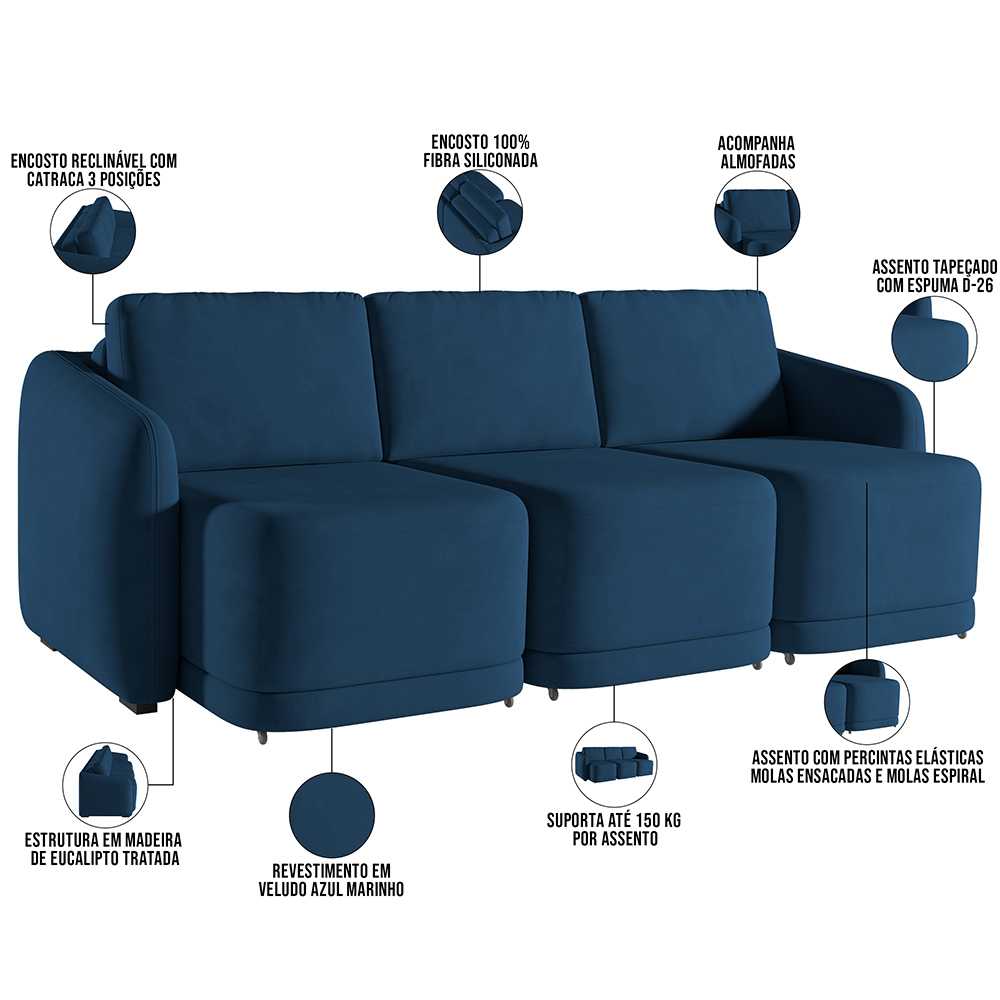 Sofá Cama para Sala de Estar 4 Lugares 336cm Montserrat K01 Veludo Azul Marinho - Lyam Decor