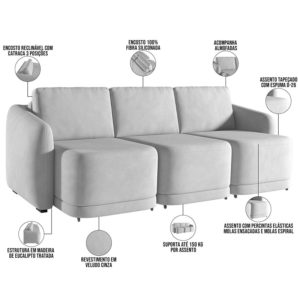 Sofá Cama para Sala de Estar 4 Lugares 336cm Montserrat K01 Veludo Cinza - Lyam Decor